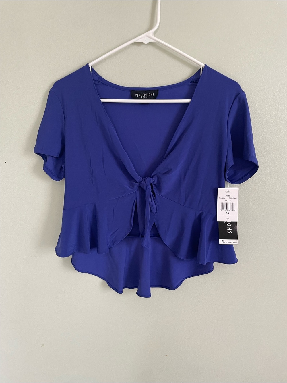 Perceptions Purple Tie-Front Ruffle Short Sleeve Blouse - Picture 3 of 7